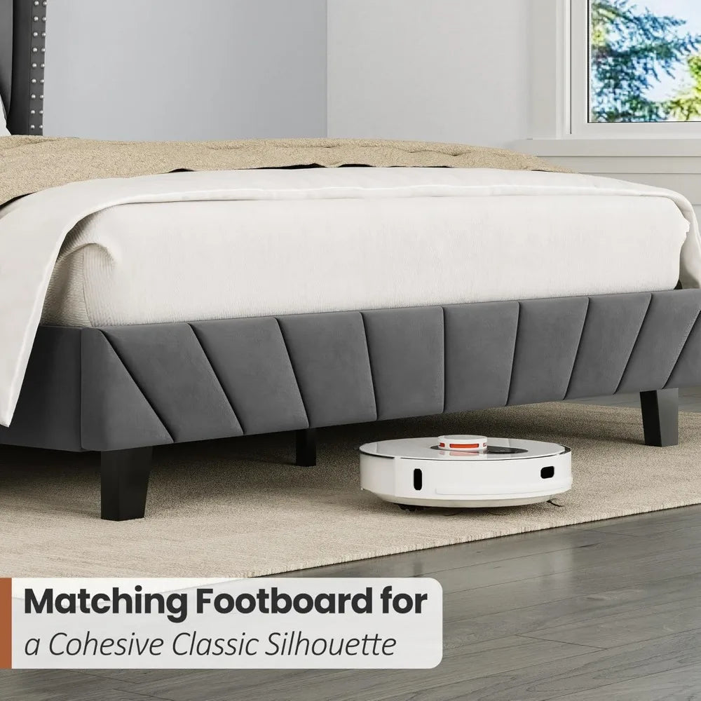 Grey queen size upholstered platform bed frame with 47.8’’ tall velvet geometric tufted wingback headboard wooden slats