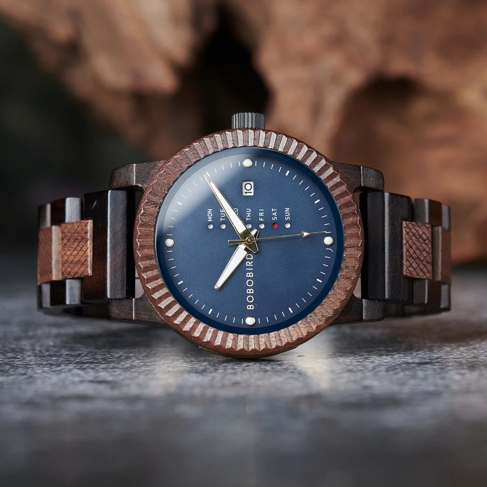 Men’s quartz watch simple fashion new couple wooden bobobird top brand timepieces week date display custom unique gift