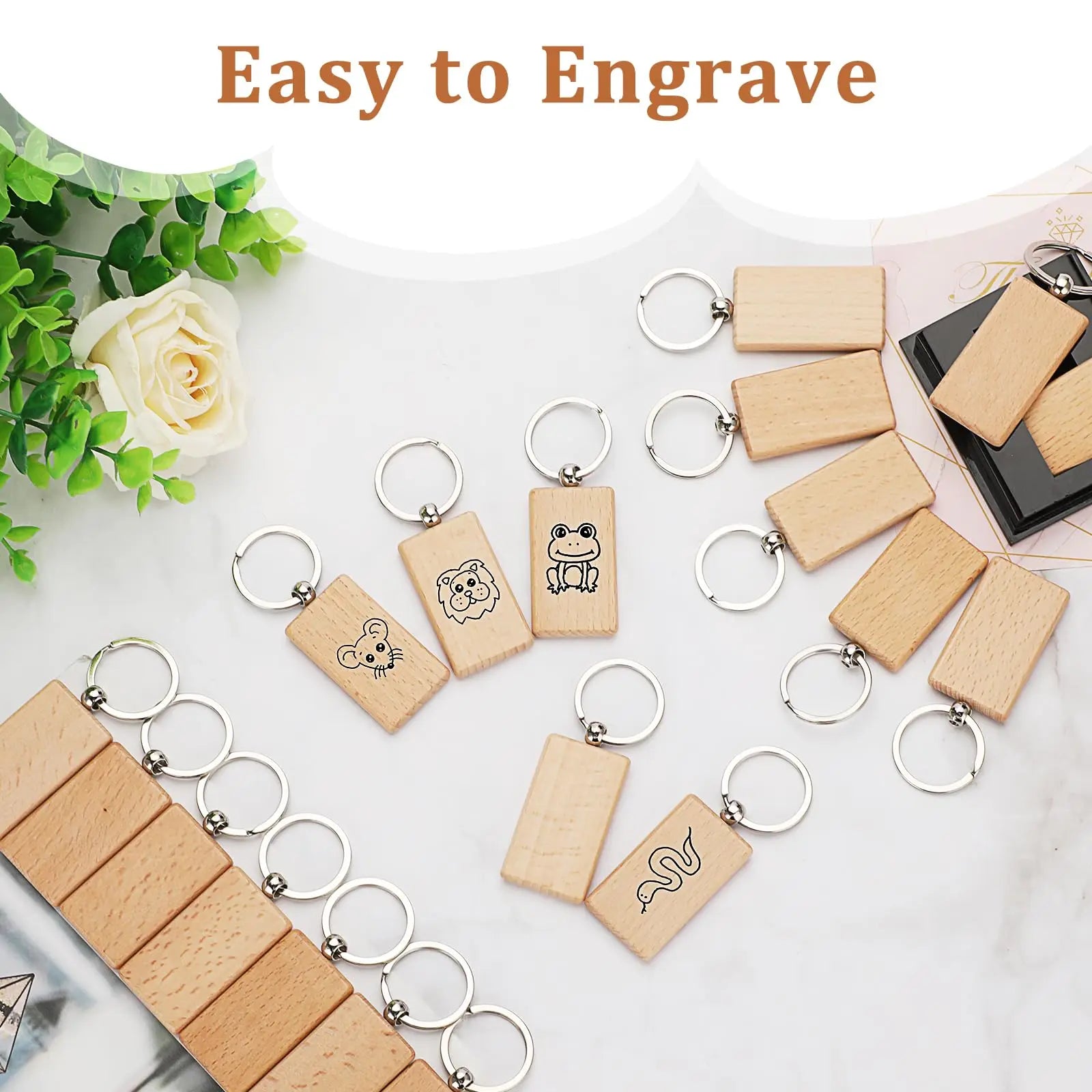 100pcs blank wooden keychain rectangular engraving key id can be engraved diy - x - chain