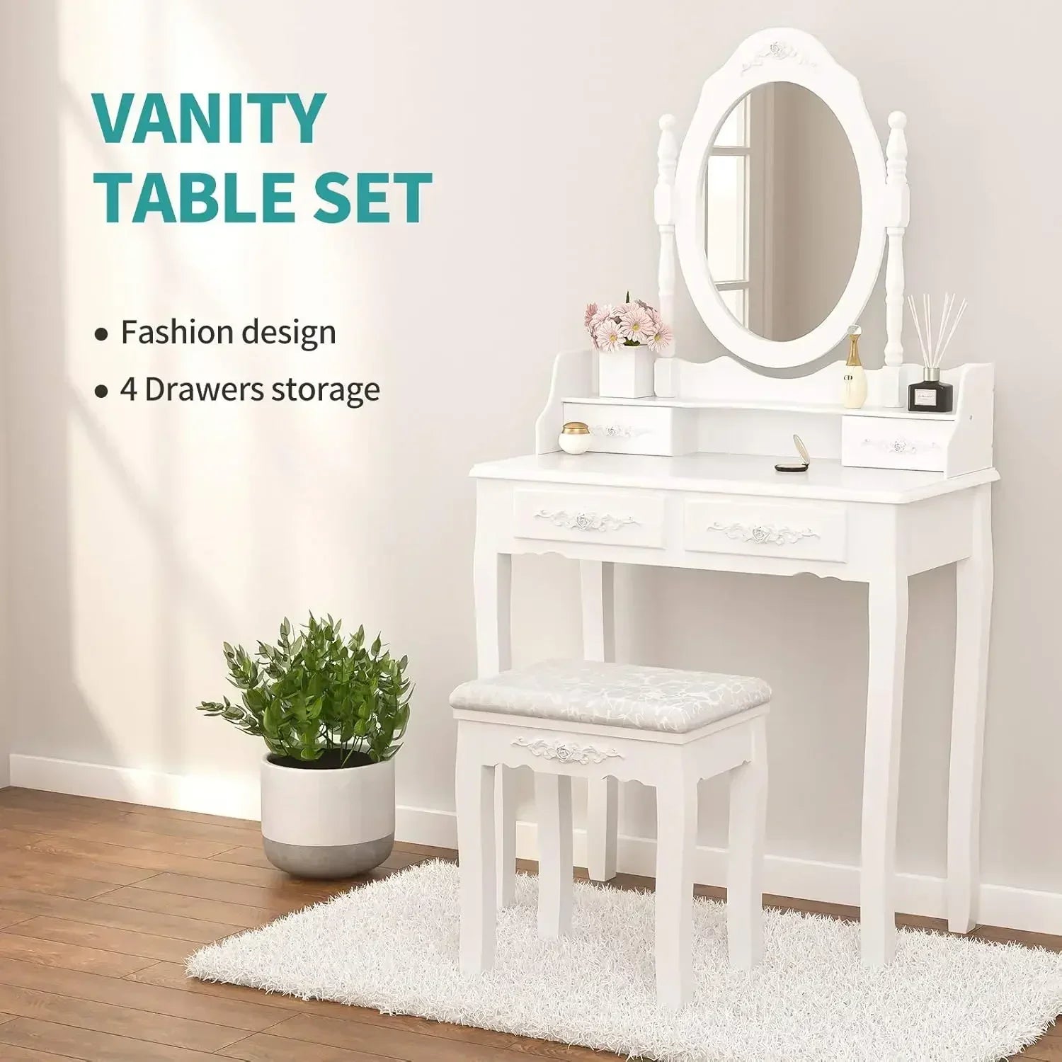 [xmsj]vanity table set,makeup with oval mirror & stool bedroom wood dressing 4 drawers white - united states
