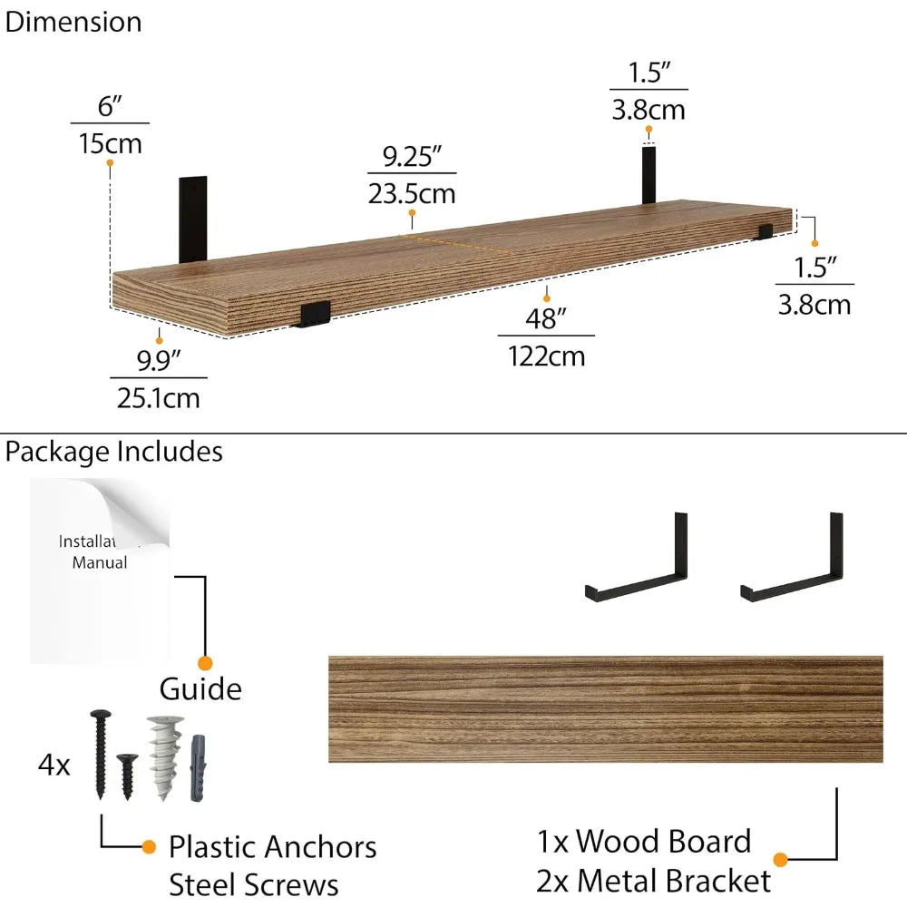 Rustic wooden floating shelves - 48 long 9.25 deep 1.5 thick wall bookshelf - united states / b0cpqmkxjn