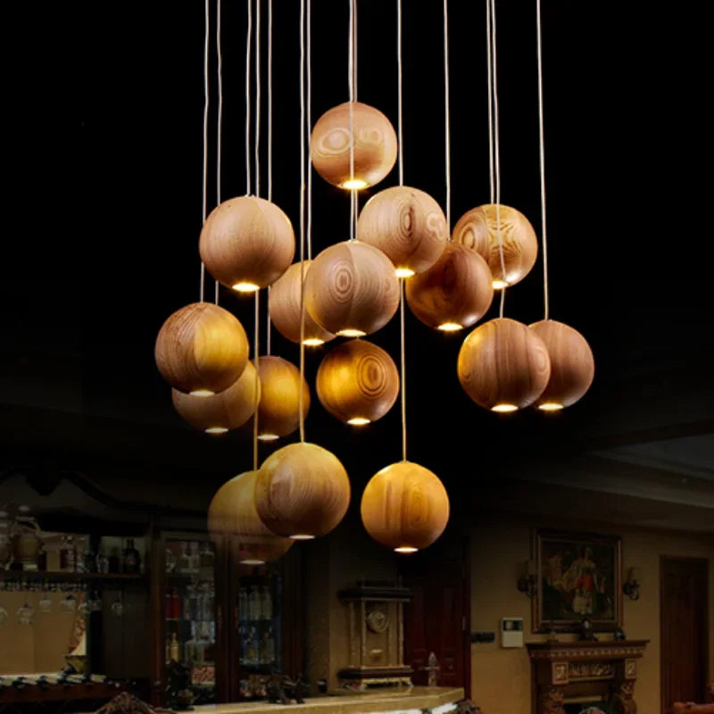 Designer’s solid wood pendant light creative art kitchen restaurant hanging lamp new chinese hotel wooden ball bar led