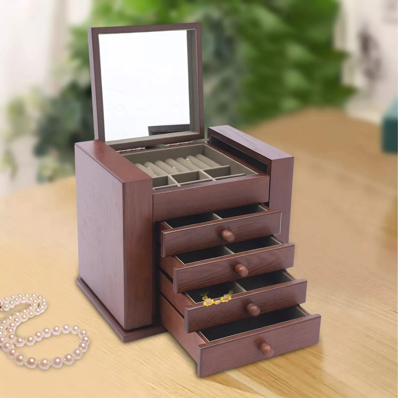 Vintage wooden jewelry storage box 5 layers with 4 drawers organizer - box