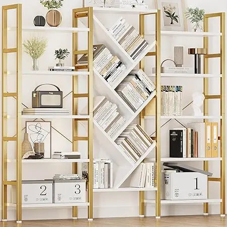 Large industrial-style tall bookshelf with storage cabinet & open shelves - united states / gold