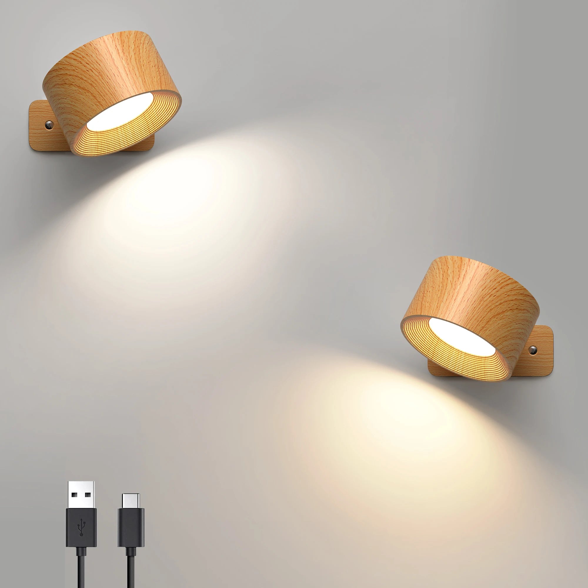 Wooden led wall sconce 360° rotatable dimmable ，magnetic touch control， rechargeable battery operated magnetic night