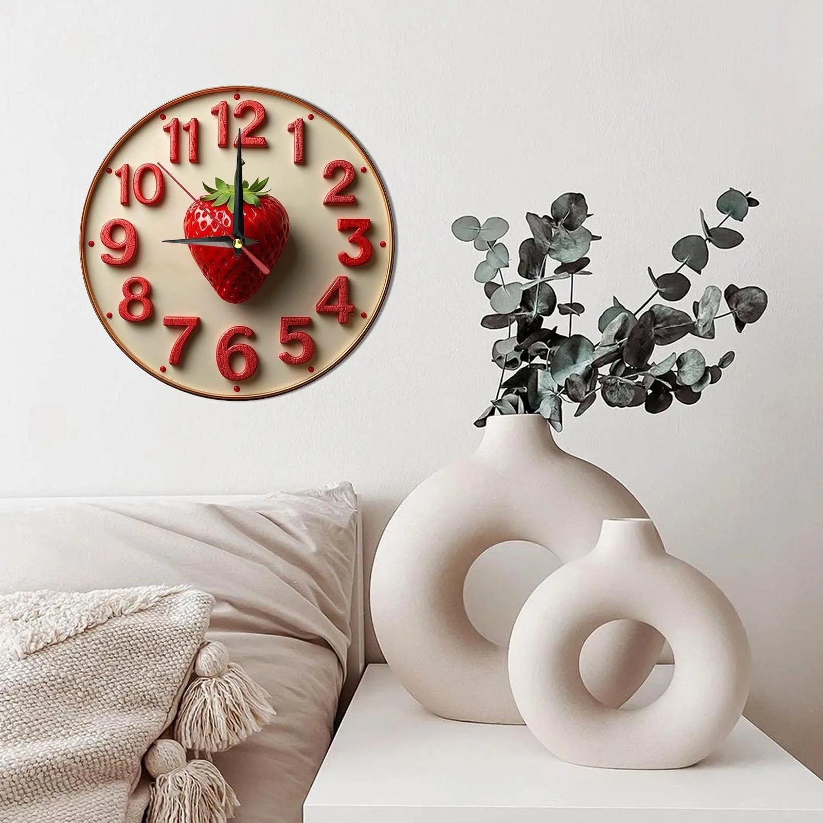 Wooden wall clock with strawberry design - ideal for kitchen or living room uses aa batteries
