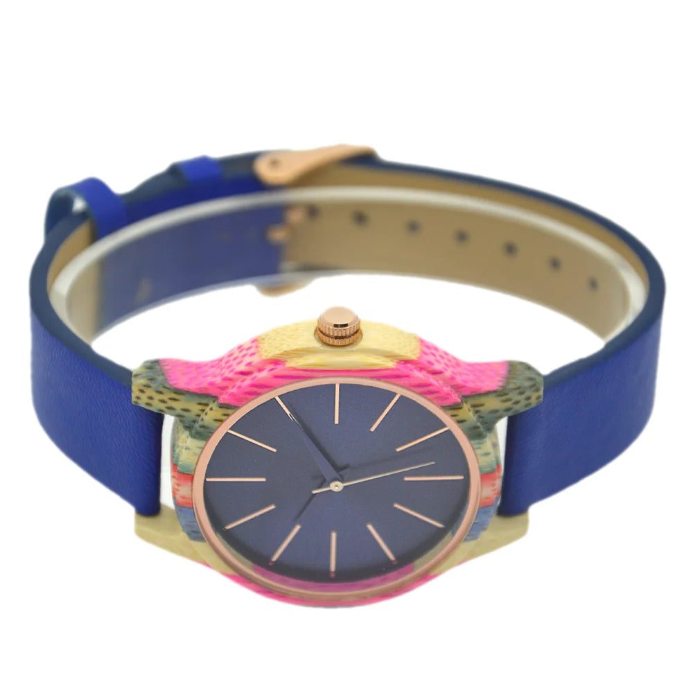 Mens womens 40mm big neutral colouful bamboo wooden watch unisex japan analog quartz leather strap casual watches - 139