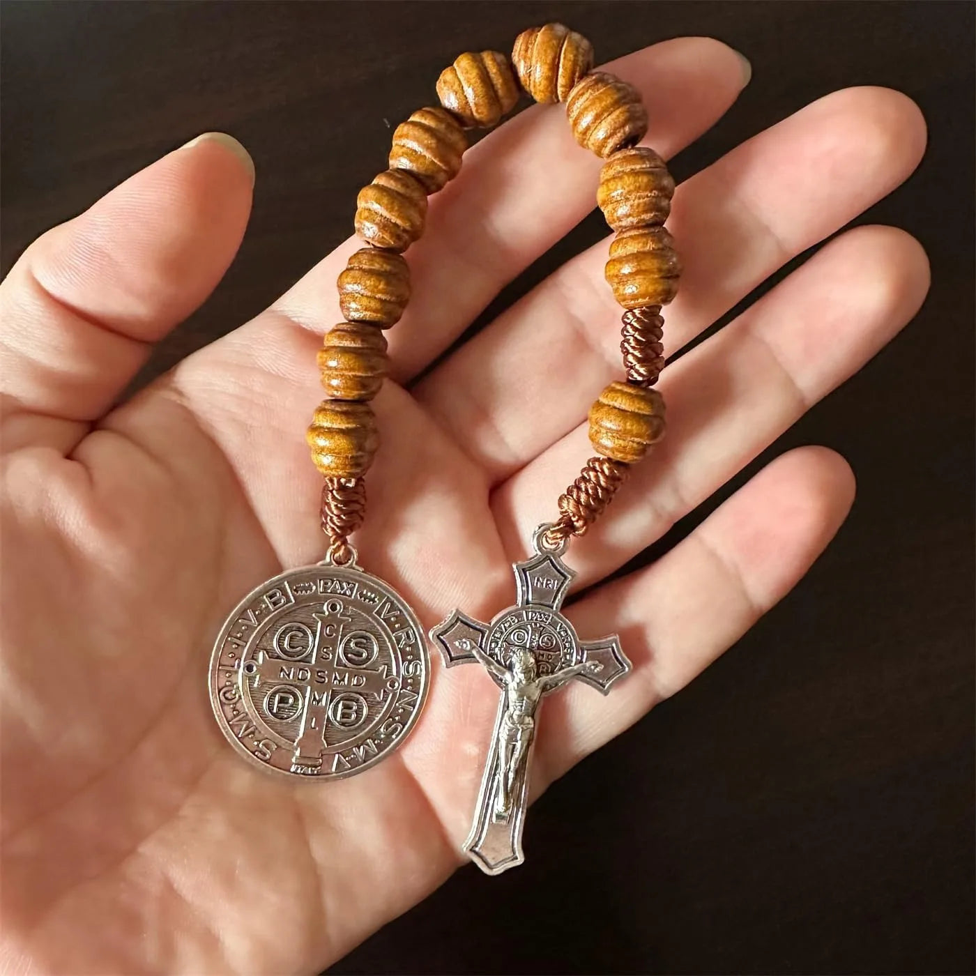 Saint benedict medal prayer pocket rosary catholic brown wood beads with medalla de san benitol and crucifix 9