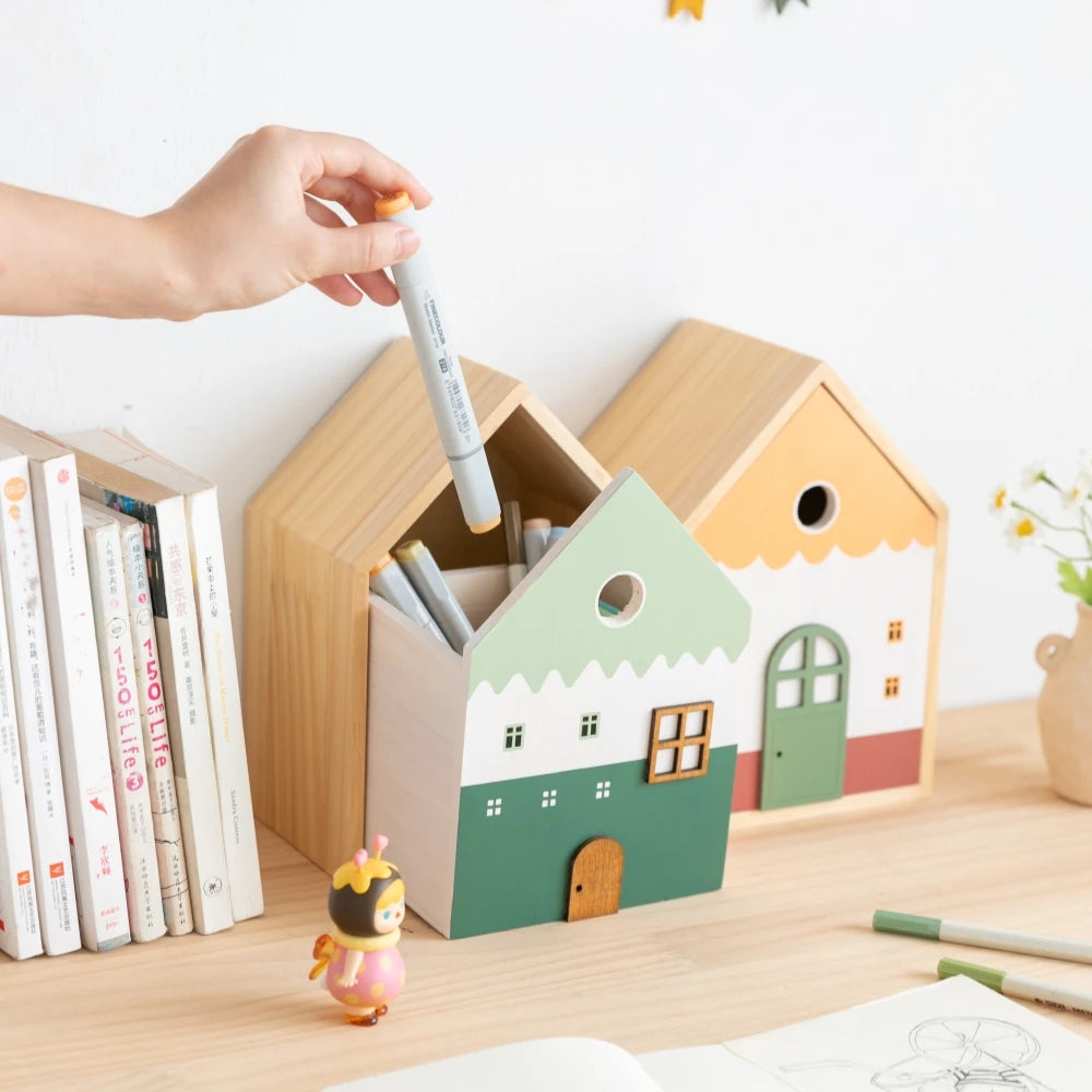 Wood storage box cute house desk drawer organizer large capacity pencil holder makeup brush stationery home office decor