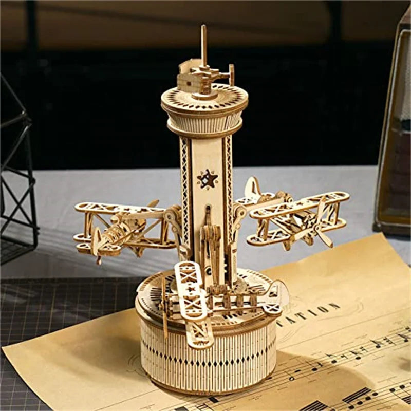 Robotime roker 3d wooden puzzles for adults diy musical box model kit to build self-assembly building airplane-control