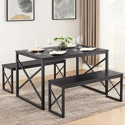 Wooden kitchen table set with metal frame 4-seater dining for breakfast nook and compact spaces - united states / black