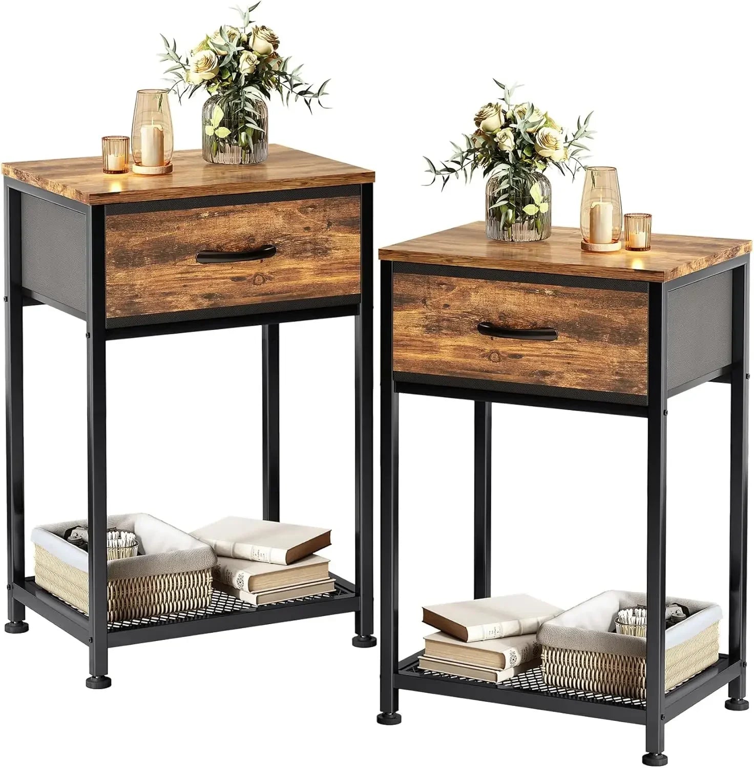 Night stands set of 2,end tables with drawer for bedroom bed side table home rustic brown wood stand - united states
