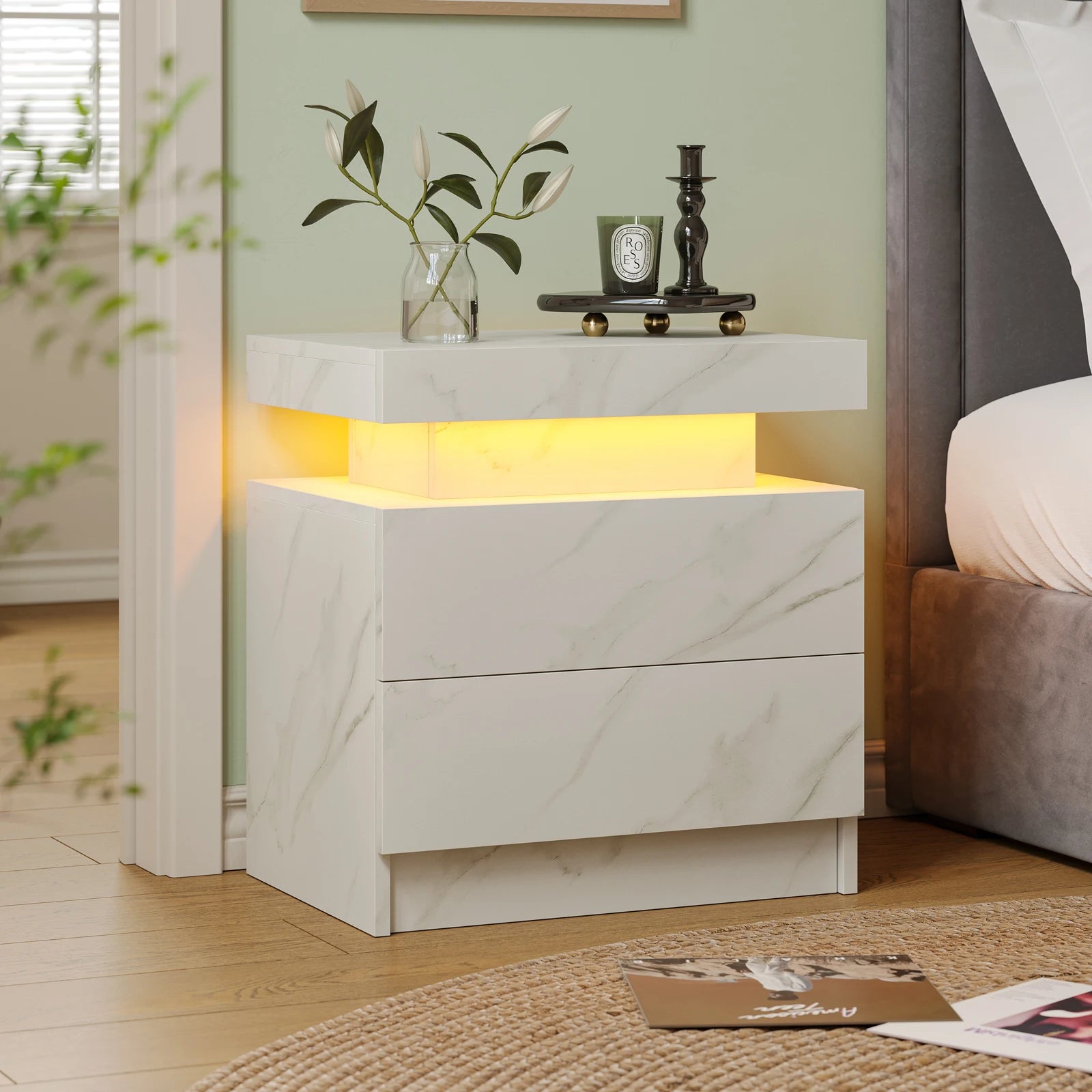 Cubehom led nightstands with 2 drawers end table rgb lights for bedroom living room white bedside - gray / m / united