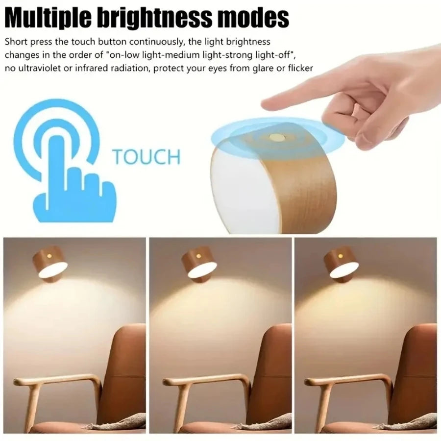 1 pc new wood usb rechargeable 360 degree rotate magnetic wall lamp touch control led mounted reading light for bedroom