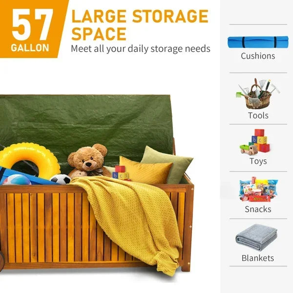 Outdoor storage box,57 gallon wood container with 2 wheels in 1 mutifunctional garden bench pool deck - multipurpose
