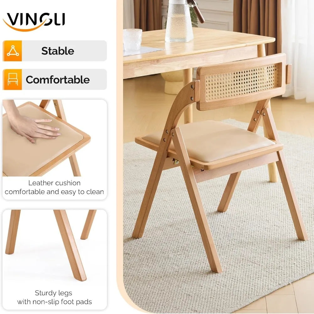 Wooden folding dining chairs set of 2 with rattan backrest and leather cushion armless beech wood frame for living room