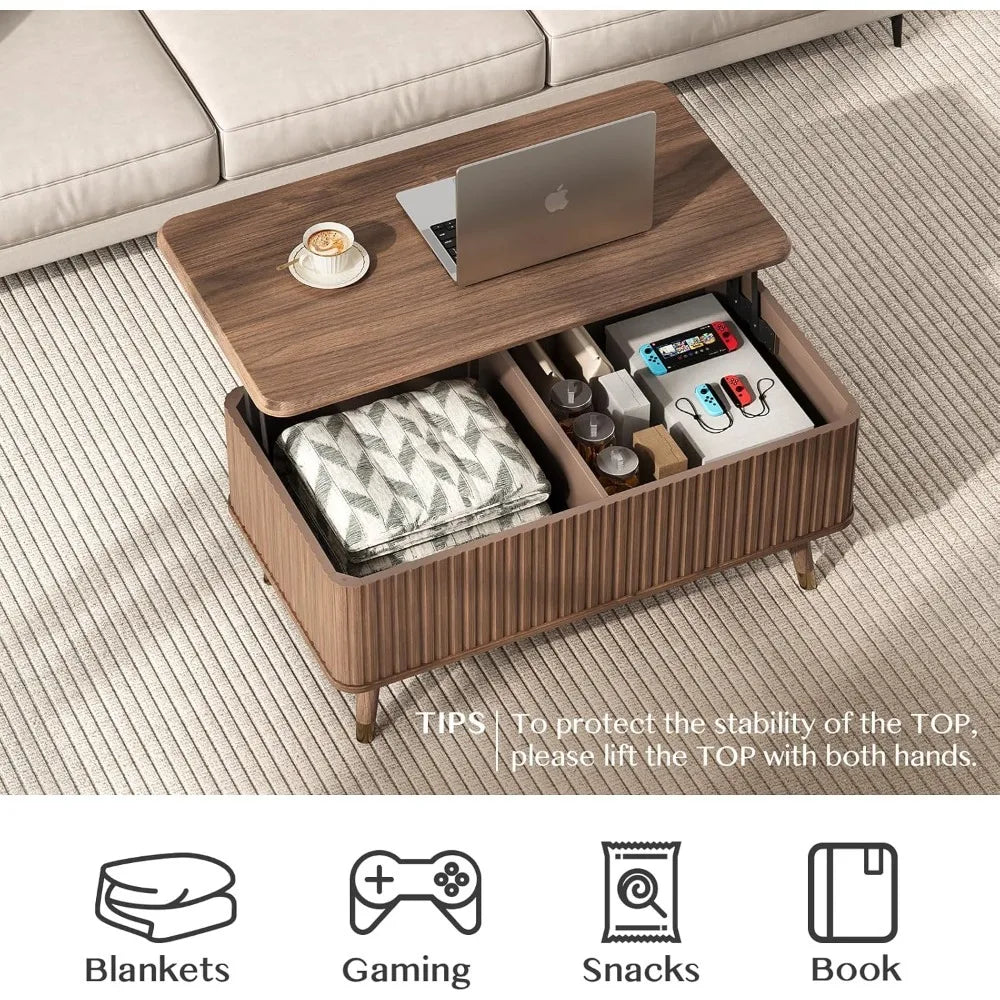 Lift top coffee table with storage,mid century modern table,fluted wood rectangle center for living room,office