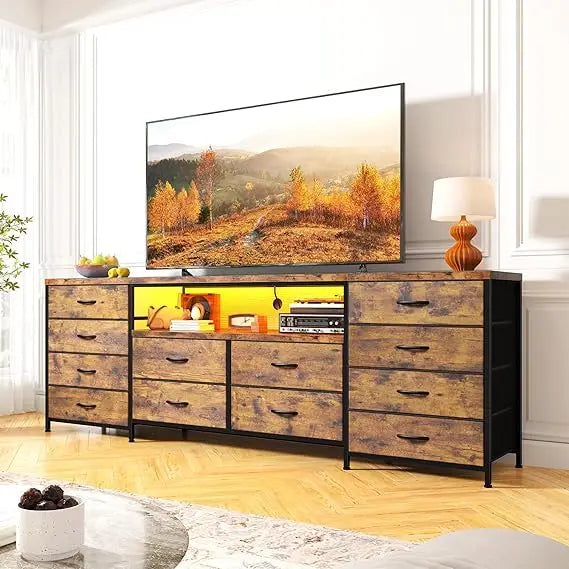 12 drawer dresser tv stand for 65 70 75 inch 63’’ w extra long bedroom with led lights & power outlets entertainme