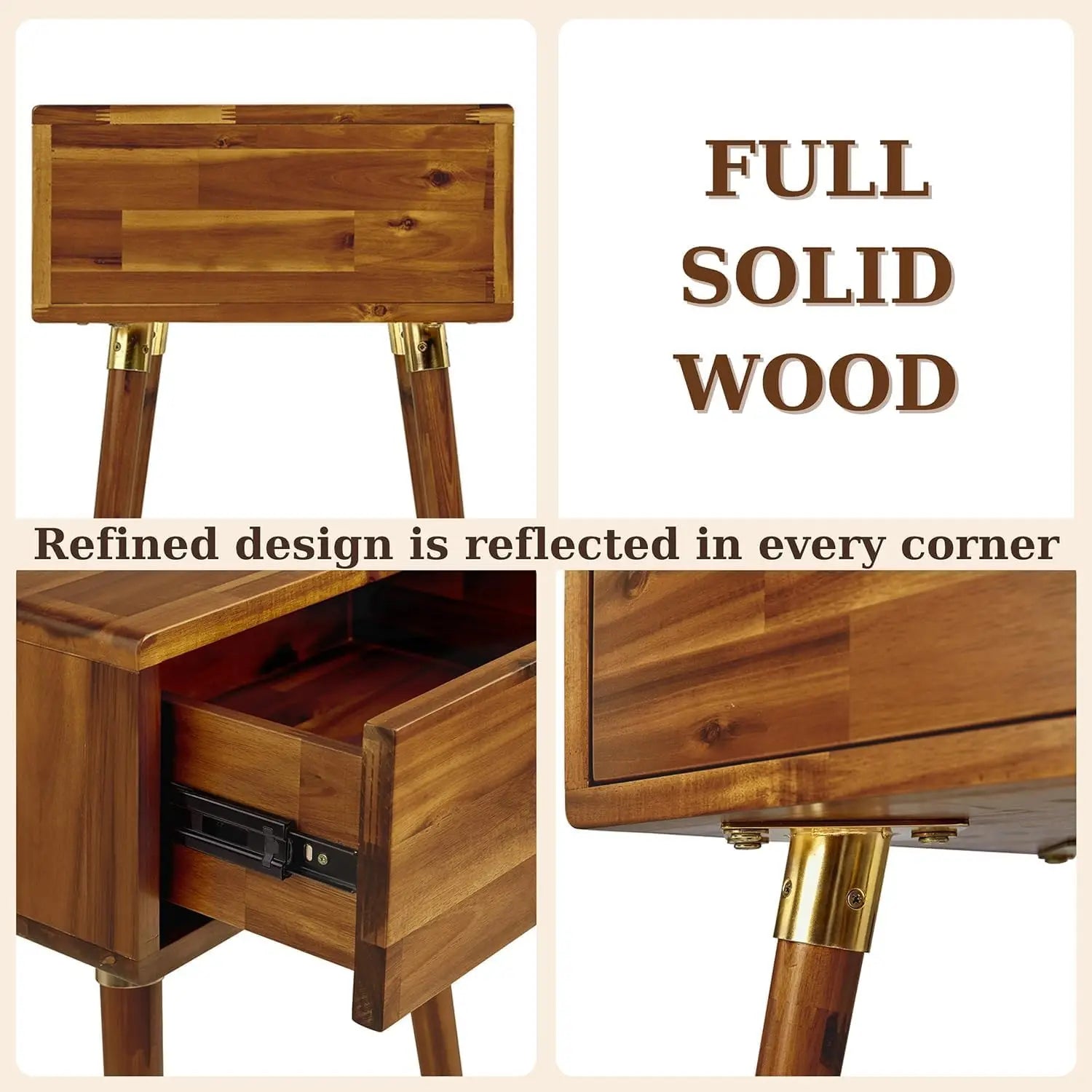 Solid wood nightstand/side table/end table fully assembled with 1-drawer for mid century bedroom and living room