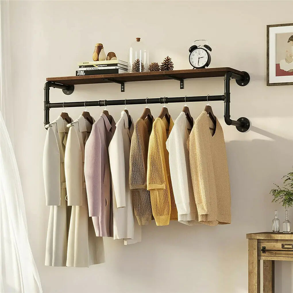 Industrial pipe clothing rack wall mounted wood shelf shelving floating shelves retail garment display racks