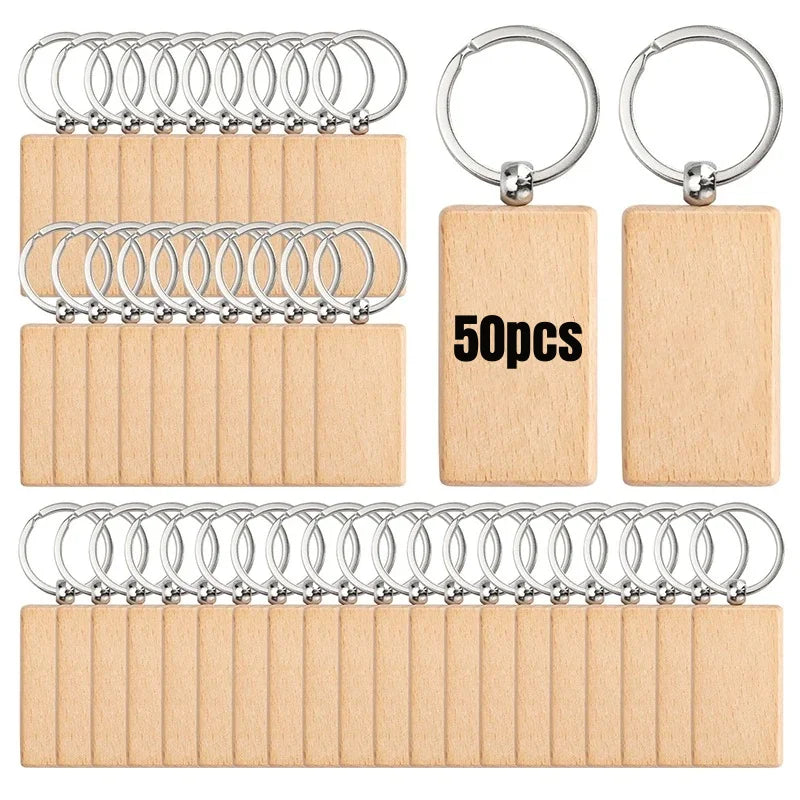 50 pieces blank wooden key tag engraving blanks unfinished wood keychain ring tags for diy crafts - rectangle - chain