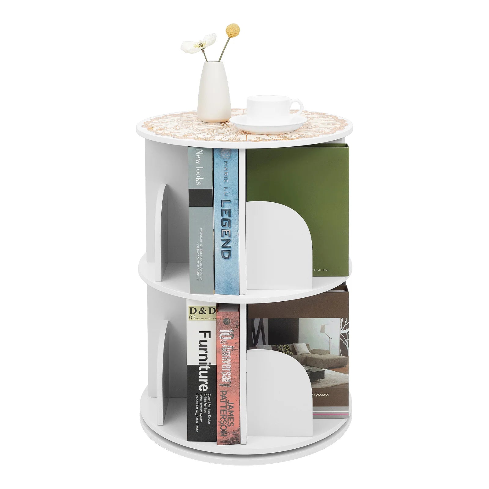 2/4-tier wooden rotatable bookshelf - 360°display floor standing storage rack white multifunctional organizer - 2-tier