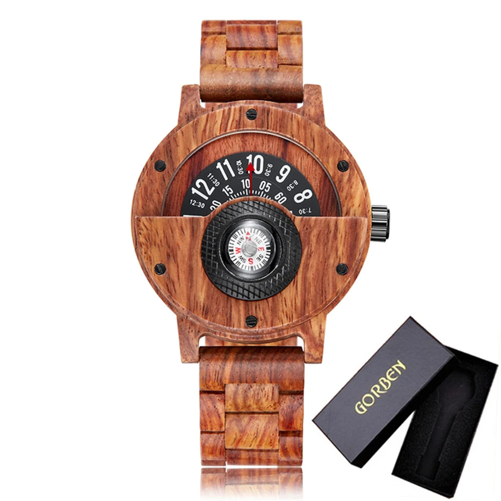 Natural wood watch men’s rotary table compass dial real walnut ebony bamboo brown concept quartz - w281 with box