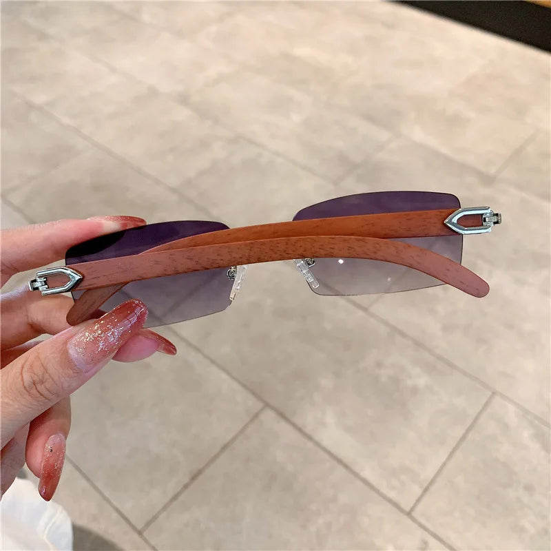 Fashion sunglasses men’s and women’s frameless imitation wood grain mirror leg