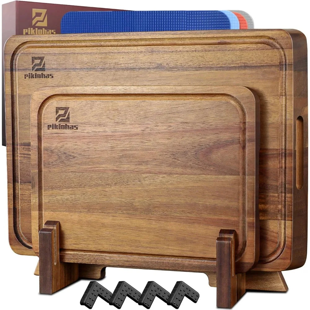 Cutting boards large set of 7 acacia wood charcuterie chopping board for kitchen with holder non slip feet plastic