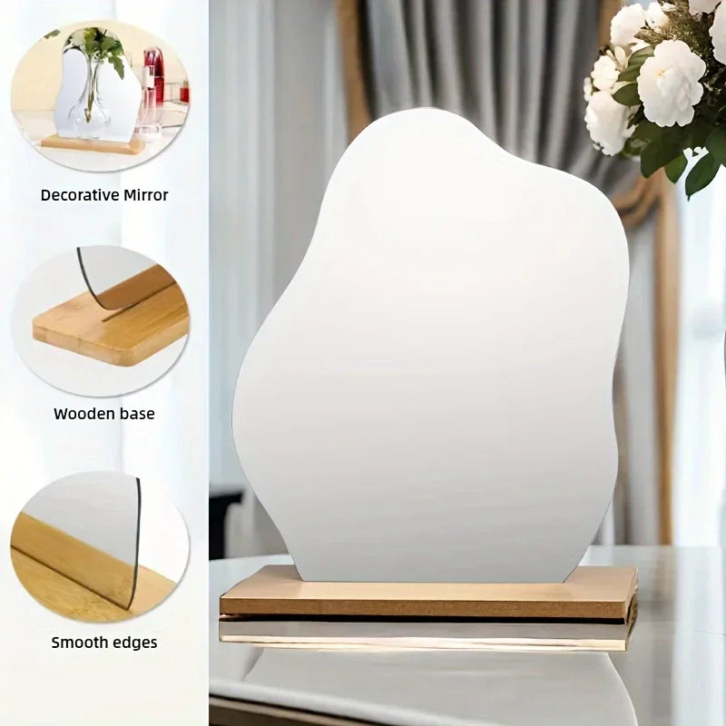 1pc regular aesthetic vanity acrylic mirror frameless cloud shape decorative desk tabletop mirrors with wooden stand