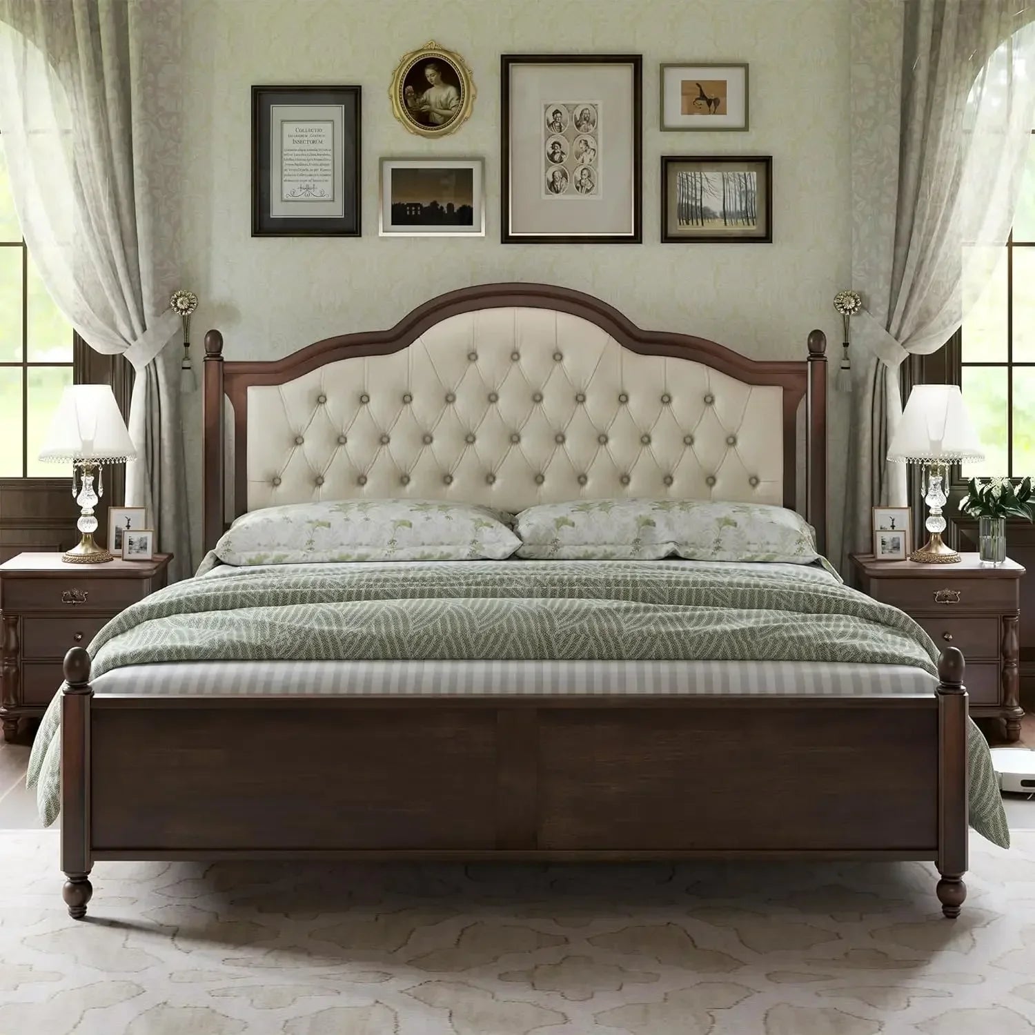 King size solid wood bed frame transitional platform with 52.5’’ upholstered tufted headboard rubberwood - united states