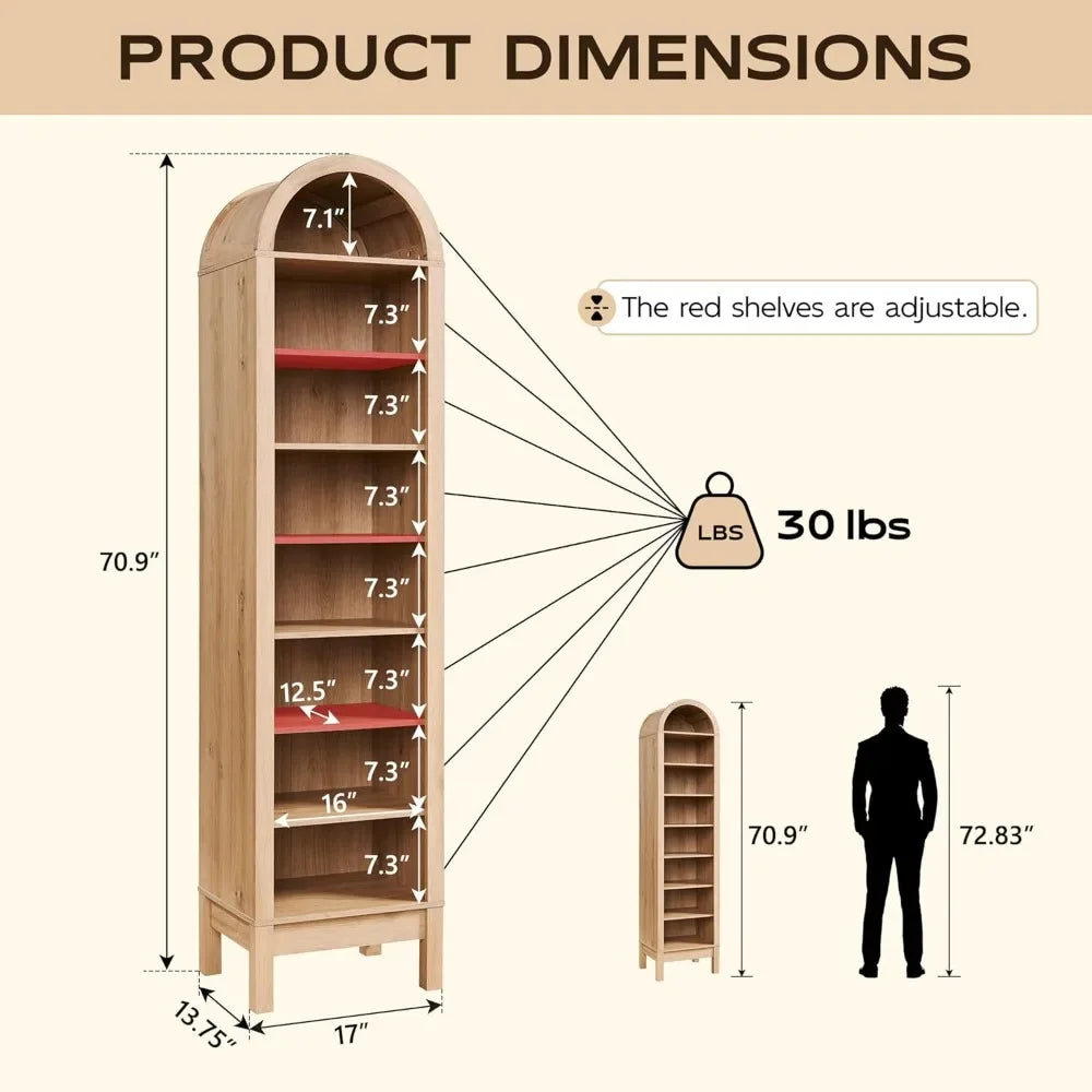 71’’ tall arched bookshelf 8 tiers arch bookcase with storage modern farmhouse book shelf adjustable shelves wood