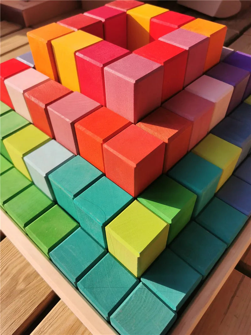 100pcs large wooden building toys basswood rainbow pyramid stacking blocks for kids creative play - game