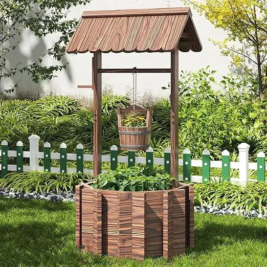 Oneinmil outdoor wooden wishing well planter with hanging bucket for flower and plants home decor patio,garden