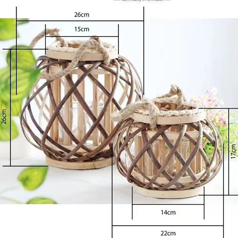 Wicker lantern electronic candle holder hanging windproof crafts festival home decor round wedding vintage wooden