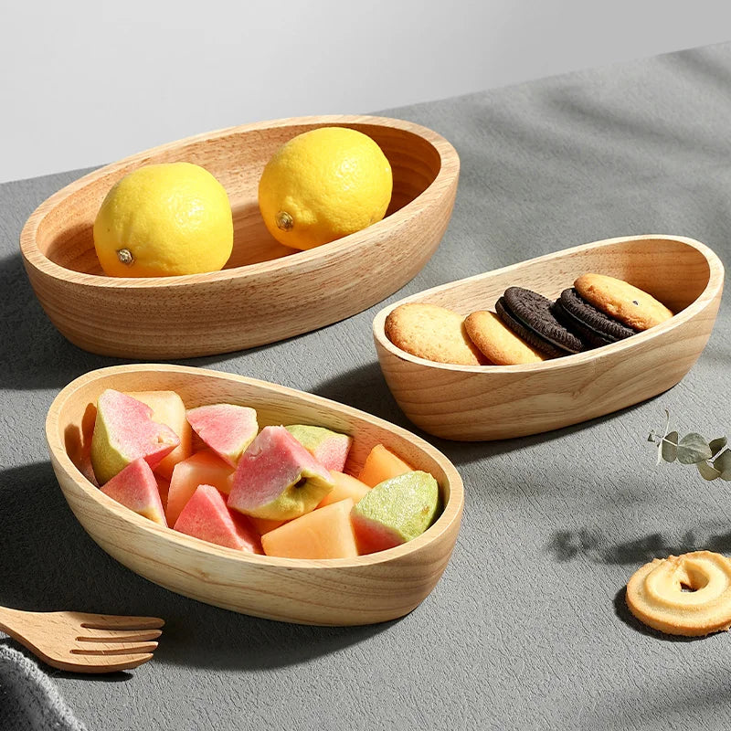 Japanese boat-shaped wooden bowl salad fruit dessert large tableware natural material thickened anti-scald