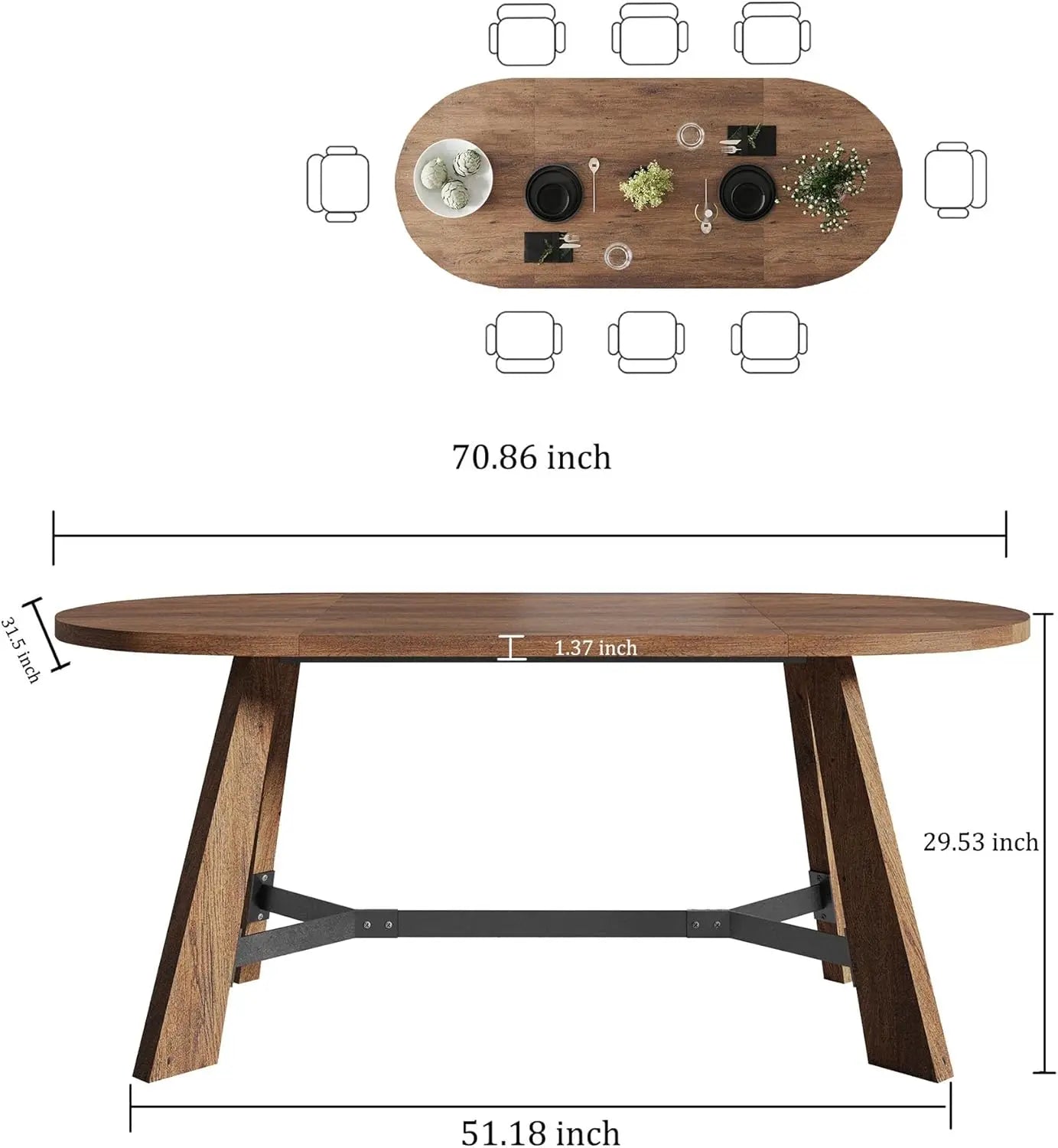 70.86in rustic oval dining table for 6-8 person farmhouse wood kitchen with sturdy tapered legs gathering meeting home