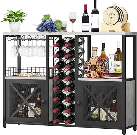 Contemporary wooden home bar cabinet rustic wine buffet with liquor storage and glass holder - united states / light