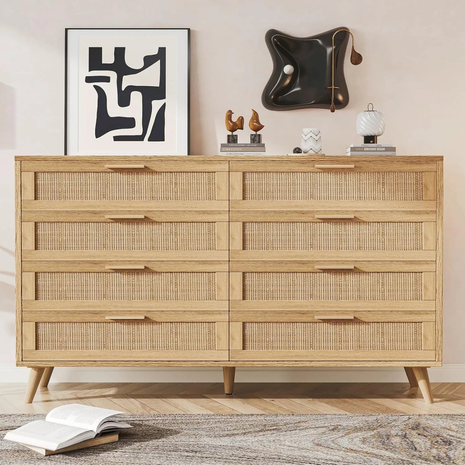 8 drawer double dresser for bedroom rattan chest of dressers modern wooden with golden handles, - drawers natural