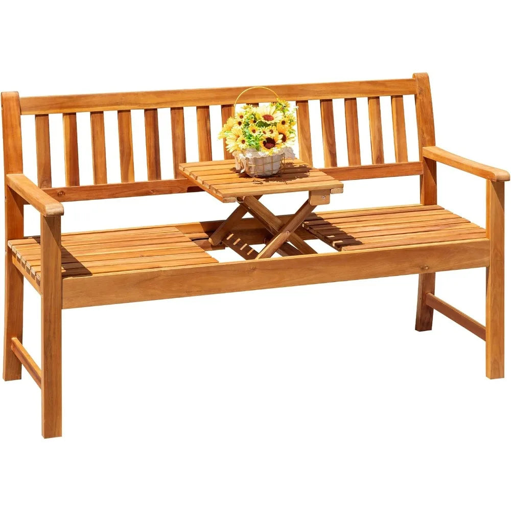 2-person wooden outdoor garden bench patio loveseat with pull-out center table for backyard balcony furniture - log