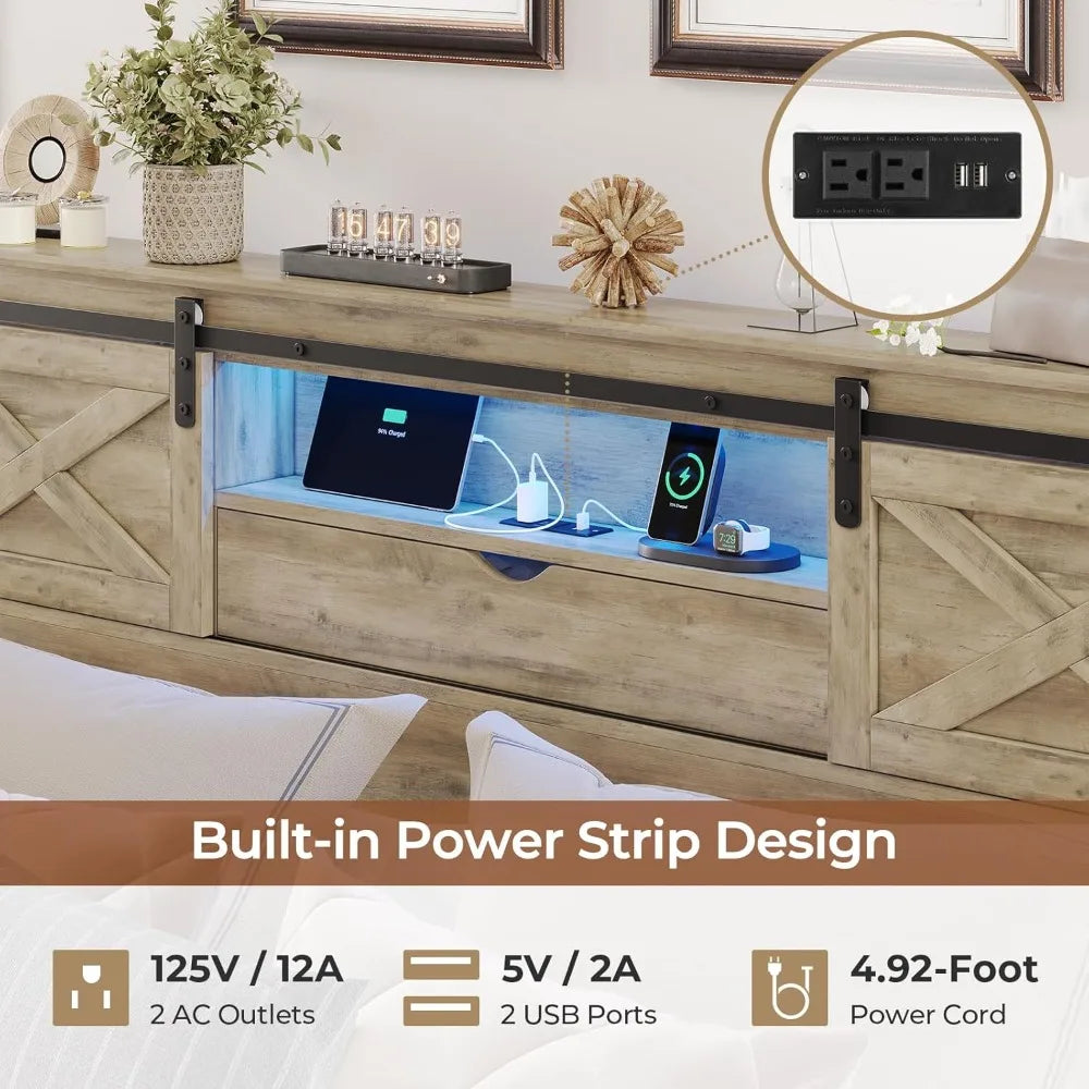 Hasuit farmhouse bed frame california king size with storage bookcase headboard wooden cal led lights charging s