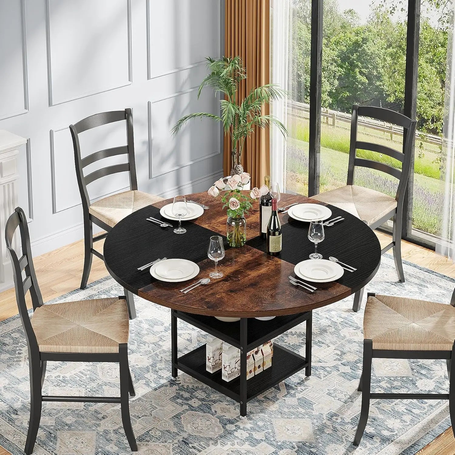 Round dining table for 4 wood kitchen large dinner with storage shelf metal legs home room living - united states