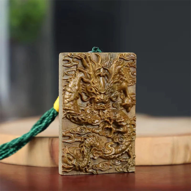 Hign-end green sandalwood carving dragon tiger card pendant for men jewelry personality wood pendants necklace male