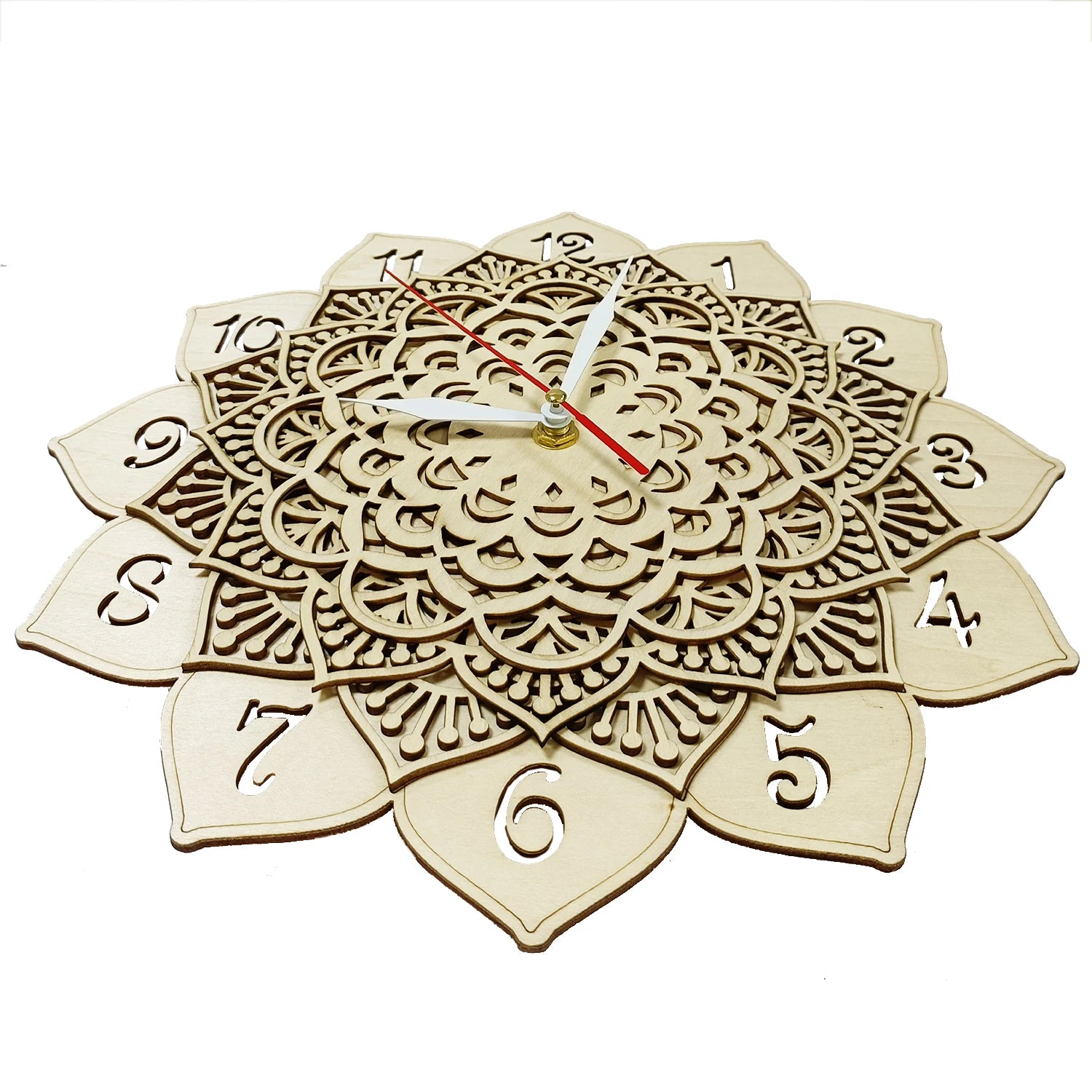 Mandala wooden wall clock for yoga studio floral art natural rustic home decor timepieces layered lotus silent quartz