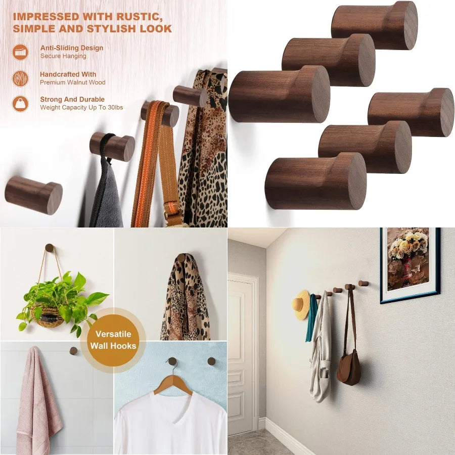 Wood wall hooks 6 pack natural wooden coat mounted handmade rustic hat heavy duty entryway hangers for ha - united