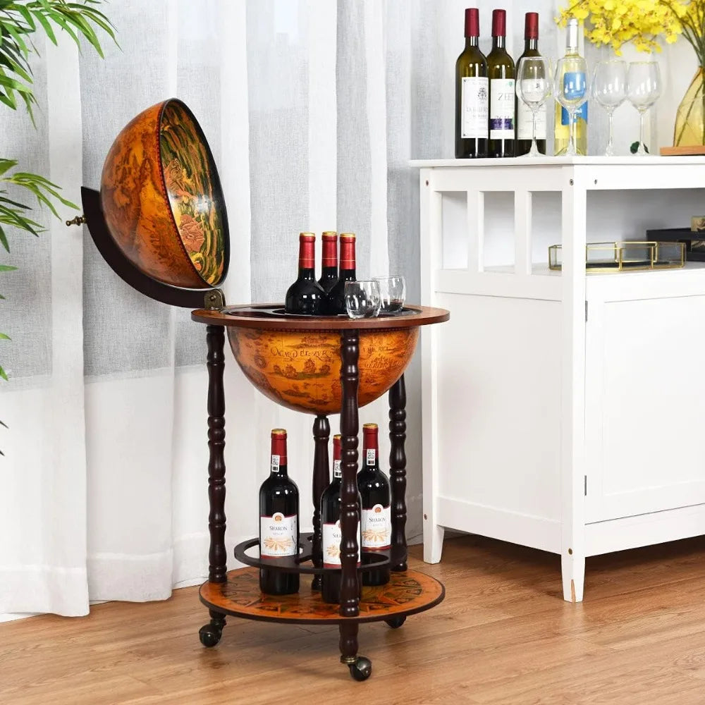 330mm/360mm globe drinks cabinet movable whisky wine spirits with casters container minibar storage wooden cart (united