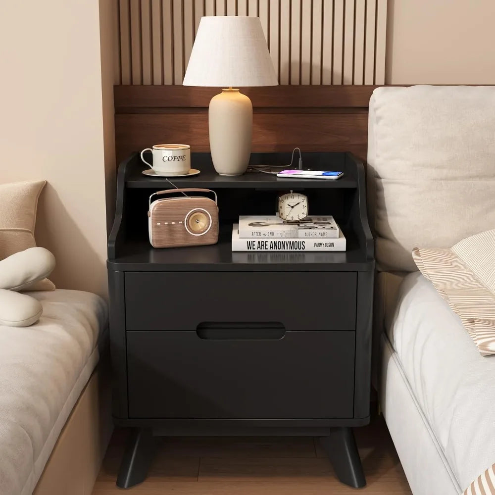 Nightstand with charging station 21’’ tall w/2 storage drawers wood night stand hidden handle 17’’ wide modern
