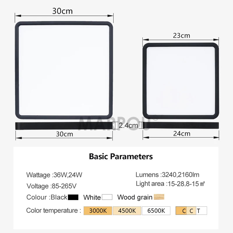 Marpou 2.4cm ultra thin led ceiling light square wood grain lamps for living room 220v 110v lights bedroom