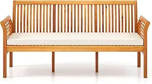 3-person outdoor bench acacia wood porch garden with high backrest curved armrests & seat cushion for backyard de