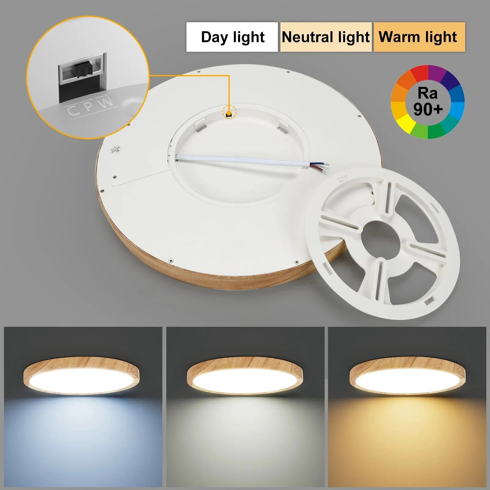 Lvl led ceiling light wood grain & white 3 in 1 lighting colors home kitchen bedroom bathroom round flush lamp